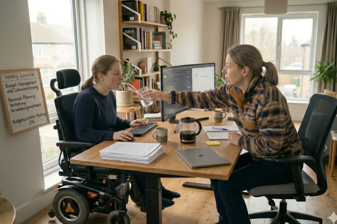 Frau im Elektrorollstuhl arbeitet im Homeoffice mit ihrer persönlichen Assistenz, an der Pinnwand steht die Budget- und Assistenzplanung.
